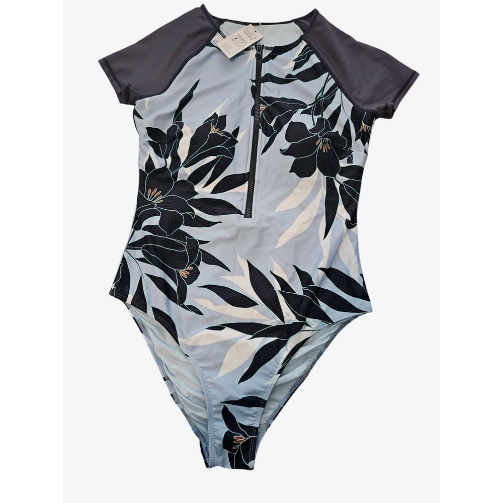 New CUPSHE One Piece Swimsuit Women's Mock Neck Zipper Short Sleeve L Blue